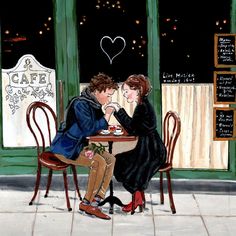 a painting of two people sitting at a table in front of a cafe with the window open