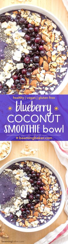 blueberry coconut smoothie bowl with almonds and oatmeal in it