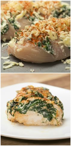 two pictures of chicken with spinach and cheese on it