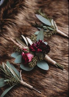 three flowers are laying on some fur