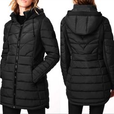 Bernardo Packable Ecoplume Hooded Walker Coat Nwt Size Xs In Black Extra Warmth When You Need It, Light Fit When You Want It In Ecoplume, A Sustainable Filler That Offers Superior Warmth Without The Bulk. This Packable, Zip-Off Vest Design Features A Stand Collar, Hood, Zip Pockets, And Neoprene Panels For Breathability And Ease Of Movement. From Bernardo, This Coat Features: Ecoplume Made With Plastic Bottles Into Recycled Insulation Fabrication Stand Collar With Detachable Hood And Bib Long Sleeves Mixed Quilting Patterns Neoprene Combo Packable Mid Weight Water-Resistant Side Zip Pockets Slim-Fit High-Low Hemline 33" Length Msrp Black Quilted Hooded Jacket For Winter, Black Quilted Parka For Fall, Quilted Black Winter Parka, Quilted Black Parka For Winter, Black Quilted Winter Parka, Black Puffer Jacket With Adjustable Hood, Tan Winter Coat, Camel Leather Jacket, Blue Suede Jacket