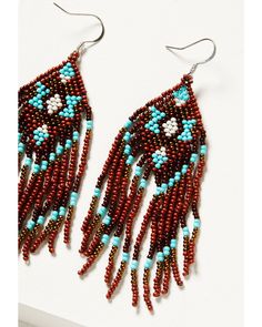 red and blue beaded earrings with fringes