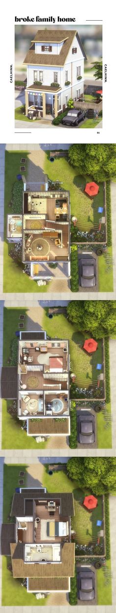 three different views of a house from above and below, with the same floor plan