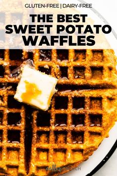 the best sweet potato waffles with butter and syrup on top are ready to be eaten