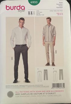 an image of men's dress pants and shirt sewing pattern from burda style