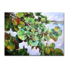 an oil painting of leaves and berries on a branch by the water's edge