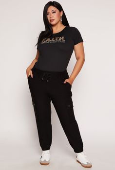 Cargo Pant, Tapered Leg, High Waisted, Cargo Pocket(s), Stretch, Solid, Twill, Item Number 1961063409165 Black Cargo Pants Women Plus Size, Black 4-way Stretch Joggers With Pockets, Cargo Joggers, Plus Size Pants, Cargo Pant, Tapered Legs, Plus Size Outfits, High Waisted, Plus Size