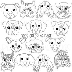 dog face clipart set with different dogs and their names in black, white or color