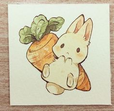 a drawing of a rabbit holding a carrot in it's lap with leaves on top