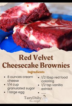 red velvet cheesecake brownies recipe with ingredients on blue plate and parchment paper background