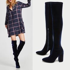 Zara Velvet Over The Knee Boots In Navy Blue No Trades/Paypal/Modeling Suede Boots Outfit, Blackpink Lightstick, Zara Trends, Blue Velvet Boots, Zara Ankle Boots, Blue Suede Boots, Kitten Heel Boots, Thigh High Suede Boots, Fabric Boots