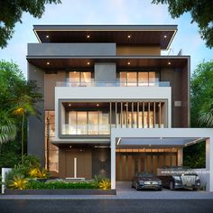 two cars are parked in front of a modern house with large windows and balconies