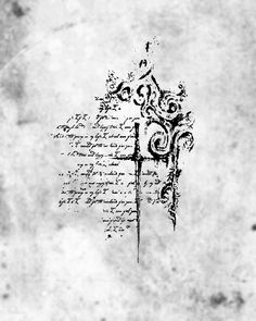 an old paper with writing on it and a cross in the middle, surrounded by swirls