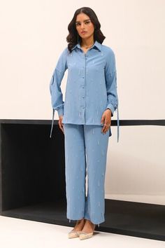 Blue shirt with all over dangling crystal hand embroidery. Paired with an inner coordinating bustier and pant. - Aza Fashions Embellished Long Sleeve Workwear Sets, Long Sleeve Embellished Sets For Workwear, Embellished Long Sleeve Sets For Workwear, Paris Shirt, Shirt Pant, Shirt Pant Set, Pant Set, Embroidered Shirt, Set For Women