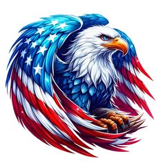 an eagle with the colors of the american flag painted on it's body and wings