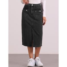 Elevate your style with the fashionable Denim Skirt for Women! This versatile skirt features a button-down design, flattering high waist, two functional pockets, and a playful split hem. Whether paired with a blouse, sweater, blazer, or high heels, it effortlessly enhances your chic look. A must-have addition to your wardrobe, this denim skirt combines comfort and style for any occasion, making it a fashion-forward essential. Chic Dark Wash Denim Skirt With Pockets, Casual Denim Skirt With Button Zip Fly, Casual Dark Wash Denim Skirt For Work, Casual Button-up Denim Skirt For Fall, Casual Denim Skirt For Fall Workwear, Fall Denim Skirt With Pockets For Day Out, Casual Black Denim Skirt With Buttons, Trendy Dark Wash Skirt With Button Zip Fly, Casual Denim Skirt With Button Closure For Work