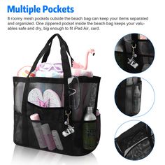 Product   Description             Description: Product Feature  Extra-large storage space: The 16.5"L x 15"H x 8.5"W mesh beach bag is big enough to carry 4-6 beach towels, water bottles, toys, sunblock, shoes, sunglasses, and all you need, fits many occasions such as beach trip, family days and grocery purchasing.  8 big mesh pockets & 1 inside zippered pocket: 8 roomy mesh pockets outside the beach bag can keep your items separated and organized. One zippered pocket inside the beach bag keeps Large Beach Bag, Picnic Tote, Mesh Beach Bags, Large Beach Bags, Tote Bag Beach, Mesh Tote Bag, Pocket Handbag, Tote Organization, Toy Bags