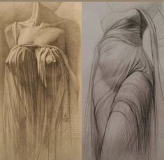 two pencil drawings of different dresses