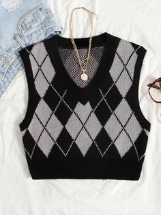 Multicolor Casual Collar  Fabric Geometric  Embellished Non-Stretch Spring/Fall Women Clothing Sweater Vest Outfit Women, Pattern Sweater Vest, Sweater Vest Outfit, Argyle Sweater Vest, Knit Vest Pattern, Sweater Vests, Argyle Pattern, Elegante Casual, Sweater Vest Women