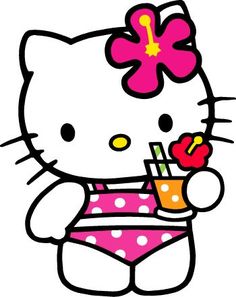 the hello kitty is holding a drink in her hand and wearing a pink swimsuit