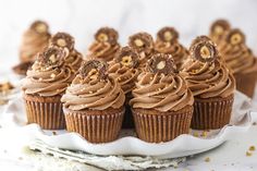 cupcakes with chocolate frosting and gold decorations are on a plate, ready to be eaten