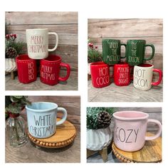 four different mugs that say merry and white christmas