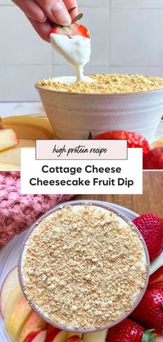 cottage cheese cheesecake fruit dip recipe with fresh strawberries and apples in the background