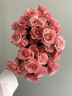 a person holding a bouquet of pink roses