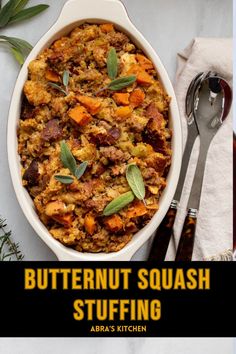 butternut squash stuffing in a white casserole dish