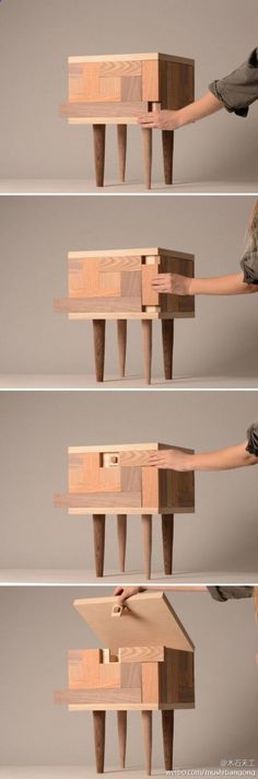 three different views of a table made out of plywood planks and wood with one person reaching for the top