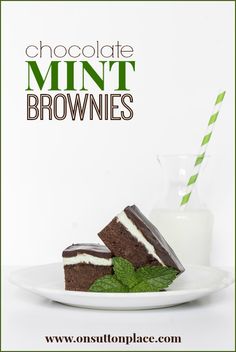 chocolate mint brownies on a plate with a glass of milk