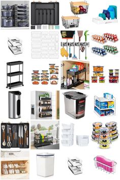 an assortment of kitchen items displayed on a white background