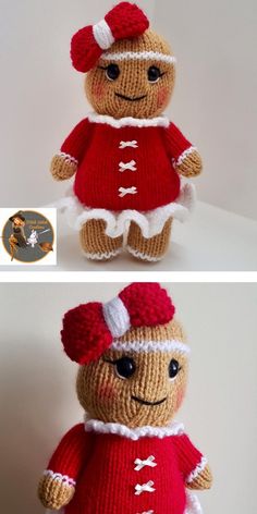 two pictures of a stuffed teddy bear wearing a red and white knitted outfit with bows on its head