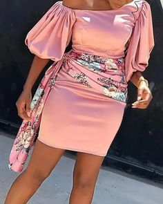 Olivia Mark - Floral Print Puff Lantern Sleeve Bodycon Dress Short African Dresses, African Wear Dresses, Afrikaanse Mode, African Fashion Modern, African Fashion Women Clothing, Bodycon Dress With Sleeves, Classy Dress Outfits, African Print Fashion Dresses, Printed Bodycon Dress