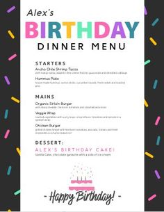 a birthday dinner menu with sprinkles on it