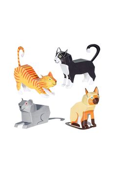 four paper cutouts of cats and dogs in various colors, sizes and shapes on a white background