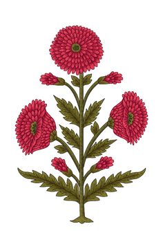 a red flower with green leaves is shown on a white background in an embroidered design