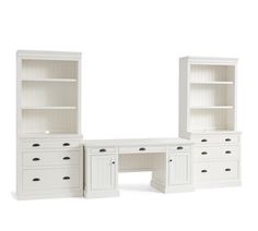 two white desks with open bookcases next to each other on a white background