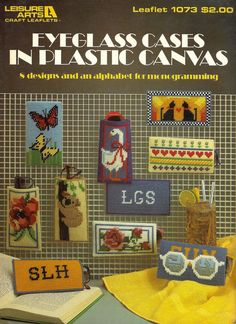 an advertisement for eyeglass cases in plastic canvass, featuring glasses and other items