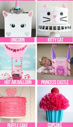 paper crafts for kids that include princess castle, cupcakes and cat shaped boxes