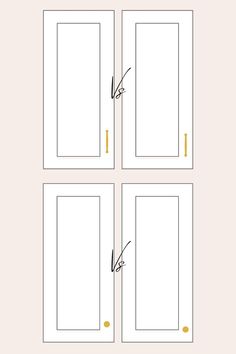 four white doors with the measurements for each door, and one is labeled in gold