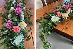 two pictures of flowers and greenery on a wooden table, one is pink and the other is green