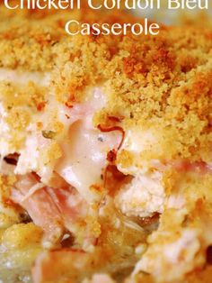 a close up view of a casserole dish with ham and cheese on it