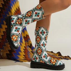 Women's Trendy Geometric Print Slip-On Platform Boots: Colorful & Comf Casual Multicolor Boots With Flat Heel, Casual Multicolor Flat Heel Boots, Casual Mid-calf Martin Boots For Spring, Spring Casual Mid-calf Boots, Casual Multicolor Summer Boots, Trendy Mid-calf Martin Boots For Spring, Casual Platform Shoes, Boots Colorful, Comfy Boots