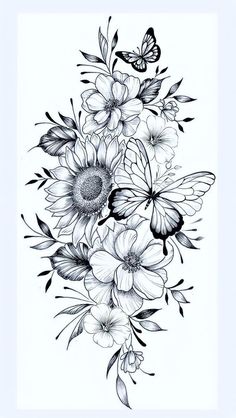 black and white drawing of flowers with butterflies