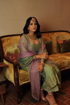 Classic and graceful set in sublime hues of lilac and mint green with exquisitely finished hand-embellishments adding its sophistication Pastel Green Suit, Suits Green, Panjabi Suit, Bridal Dupatta, Casual Indian Fashion, Punjabi Salwar Suits, Green Suit, Punjabi Wedding, Hand Embroidery Pattern