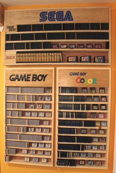 the game boy store has many games on it's shelves and is decorated with wooden crates