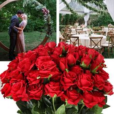 red roses are in a vase next to a photo of a man and woman on their wedding day