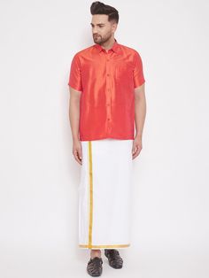 mens red and white silk blend shirt and mundu set Traditional Red Short Sleeve Shirt, Red Short Sleeve Shirt For Festive Occasions, Festive Red Short Sleeve Shirt, Traditional Red Short Sleeve Set, Traditional Red Fitted Shirt, Fitted Traditional Red Shirt, Red Fitted Traditional Shirt, Red Short Sleeve Festive Sets, Red Short Sleeve Sets For Festivals