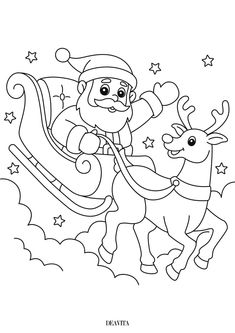 santa claus riding on his reindeer sleigh coloring page